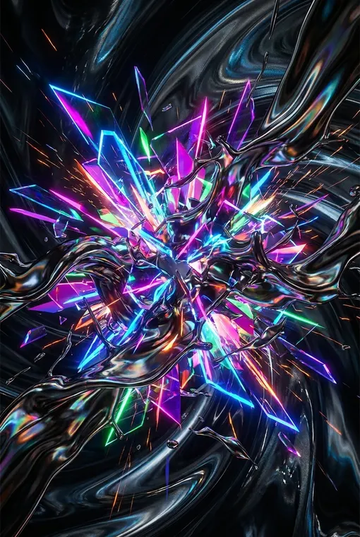Ein dynamisches, energetisches abstraktes Poster im Stil des digitalen Expressionismus, das explodierende Neonlicht-Splitter und fließende, dunkle Flüssigmetalle in einem Spannungsfeld darstellt.