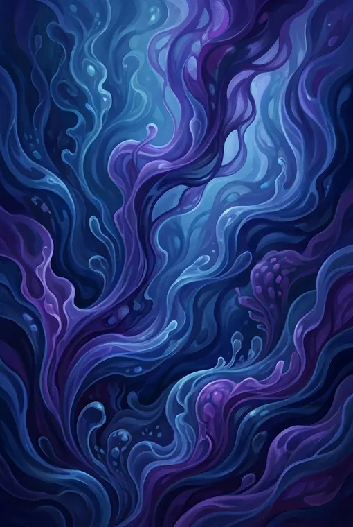Tiefe Blau- und Violetttöne wirbeln zu einer organischen, ätherischen Form, die eine meditative und ruhige Atmosphäre schafft, die an einen Unterwassertraum erinnert.