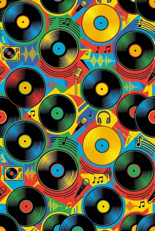 Ein lebhaftes, sich wiederholendes Muster klassischer Vinylplatten in kräftigen, kontrastierenden Farben und grafischen Linien, das die Musikkultur mit spielerischer Nostalgie feiert.