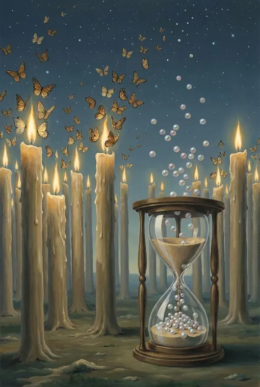 Ein skurriles, faszinierendes und traumhaftes surrealistisches Poster im Stil von Magritte, das einen Wald aus überdimensionalen Kerzen darstellt, deren Flammen als Schmetterlinge in einen sternenklaren Himmel fliegen, während eine gigantische Sanduhr im Vordergrund die Zeit in schwebende Perlen verwandelt.