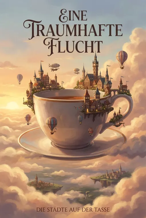 Eine riesige Teetasse schwebt sanft in einem bewölkten Himmel, auf deren Rand winzige, detailreiche Städte gebaut sind, was eine traumhafte und skurrile Flucht vermittelt.