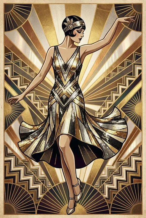 Ein elegantes Art-déco-Poster, das eine stilisierte Flapper-Tänzerin vor einem Hintergrund aus schimmernden geometrischen Mustern und strahlenden Sonnenstrahlen zeigt und den Glamour der Goldenen Zwanziger einfängt.