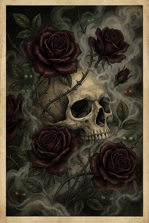 Ein dunkles, geheimnisvolles, fast gotisches botanisches Poster im Stil einer symbolträchtigen Illustration, das tiefrote, fast schwarze Rosen mit Dornen zeigt, die sich um einen Schädel winden, umgeben von mystischem Nebel und subtilen, leuchtenden Insektenaugen.
