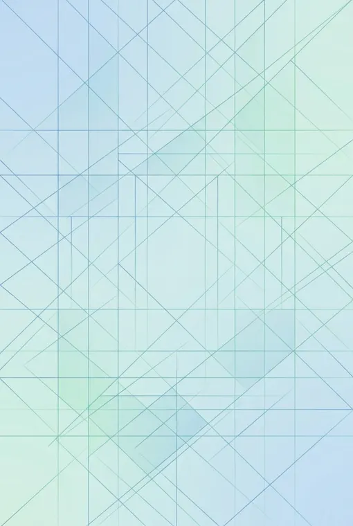 Eine minimalistische Komposition aus sich schneidenden dünnen Linien, die ein komplexes Gitter bilden, mit subtilen Farbverläufen von kühlen Blau- und Grüntönen, die ein Gefühl von heiterer Ordnung erzeugen.
