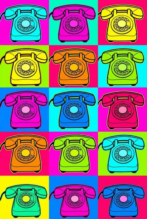 Ein sich wiederholendes Muster eines leuchtend bunten Vintage-Telefons, das im Warhol-Stil mit kräftigen Umrissen und flachen, satten Farben behandelt wurde, um Alltagsgegenstände mit ironischer Fröhlichkeit zu feiern.