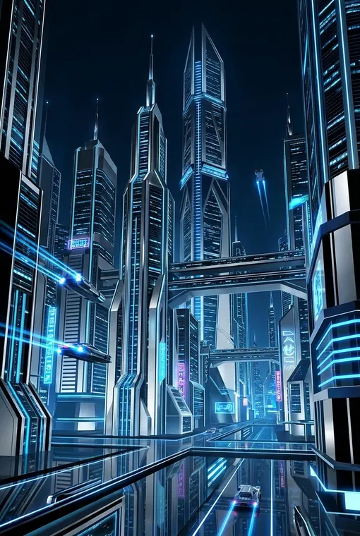 Eine hoch aufragende, futuristische Stadtlandschaft bei Nacht, dargestellt mit scharfen, klaren Linien und reflektierenden Oberflächen in Silber, Schwarz und elektrischem Blau, die urbane Größe und technologische Eleganz ausstrahlt.
