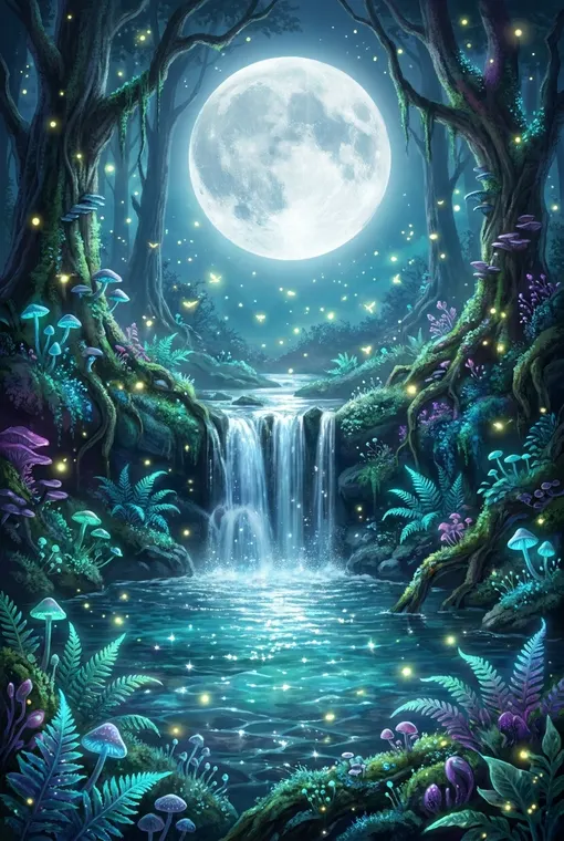 Ein ätherisches Landschaftsposter, das einen versteckten Wasserfall zeigt, der in einen kristallklaren Pool in einem mondbeschienenen Wald mündet, umgeben von uralter, leuchtender Flora und schimmernden Glühwürmchen.