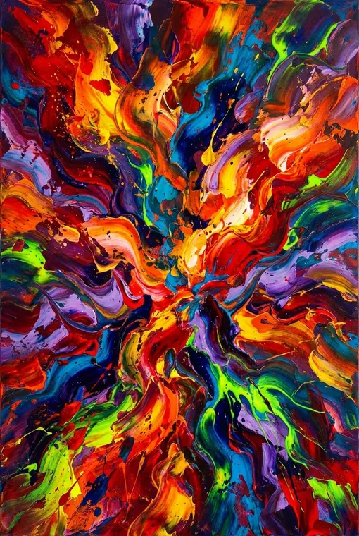 Ein dynamisches, abstraktes Poster, das explosive Energie durch wirbelnde, leuchtende Farben und kühne Pinselstriche darstellt, die ein Gefühl von ungezügelter Bewegung und tiefer Emotion vermitteln.