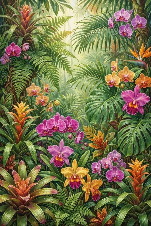 Ein lebendiges, botanisches Poster, das eine kunstvolle Wandteppich aus exotischem Dschungellaub und leuchtenden Orchideen zeigt, wobei Tautropfen in der feuchten Luft glänzen und tropische Fülle verkörpern.