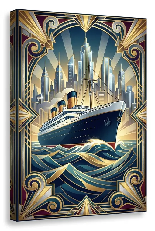 Ein mondänes Art-déco-Reiseposter, das einen schlanken Ozeandampfer zeigt, der durch stilisierte Wellen schneidet, umrahmt von eleganten geometrischen Mustern und einer fernen, schimmernden Stadtlandschaft.