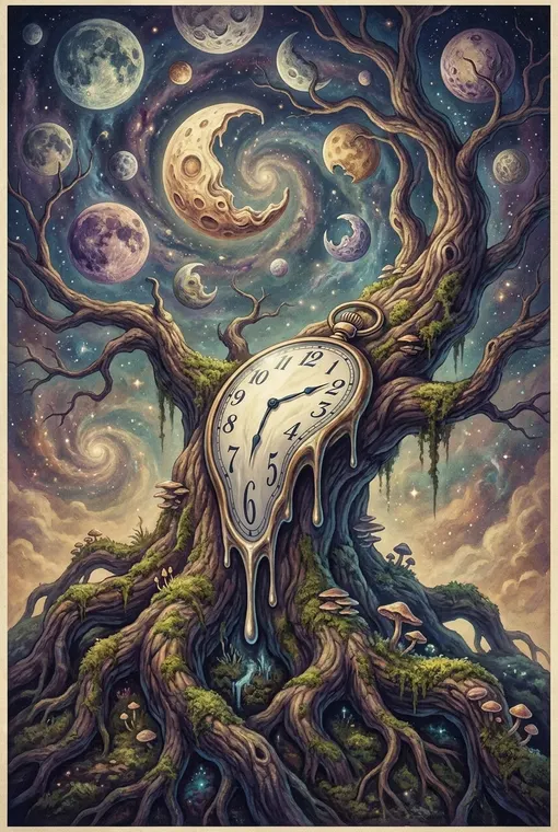 Ein traumhaft-surreales Poster, das eine schmelzende Uhr über einer kolossalen, uralten Baumwurzel zeigt, die sich einem Himmel voller multipler Monde entgegenstreckt und ein tiefes Gefühl verzerrter Zeit und kosmischer Mysterien hervorruft.