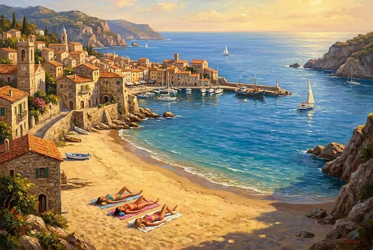 Erstell ein Ölgemälde einer mediterranen Stadt am Meer. Sehr detailgetreu, man s