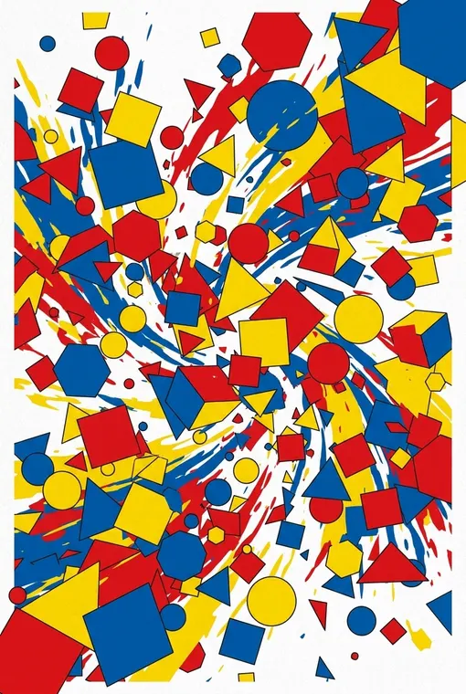 Ein dynamischer Farbrausch aus geometrischen Formen in Primärfarben, der ein Gefühl von Bewegung und spielerischem Chaos vermittelt.