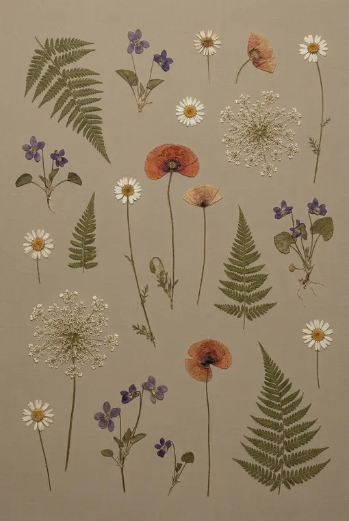 Zarte, gepresste Wildblumen, arrangiert in einer minimalistischen, eleganten Komposition vor einem gedämpften, erdigen Hintergrund, die einen heiteren und zeitlosen Charme ausstrahlen.