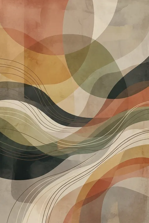 Ein nachdenkliches, minimalistisches abstraktes Poster im Stil des geometrischen Minimalismus, das sanft ineinander übergehende, halbtransparente Farbflächen in erdigen Tönen zeigt, die organische Formen und feine Linien bilden, die an fließende Wasserwellen erinnern.