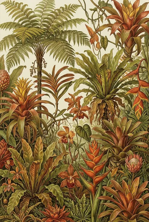 Ein lebendiges, üppiges botanisches Poster, das die komplizierten Details exotischer Farne und überdimensionierter Blüten in satten Erdtönen festhält und die wilde Schönheit eines Urwaldes einfängt.