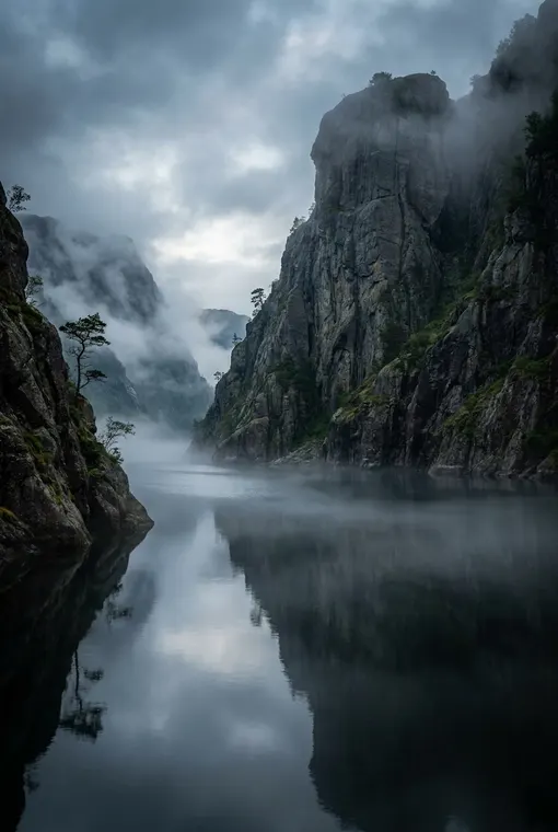Eine dramatische Fjordlandschaft im Nebel, mit uralten, zerklüfteten Klippen, die aus einer dunklen, reflektierenden Wasseroberfläche ragen, was majestätische und geheimnisvolle Einsamkeit vermittelt.