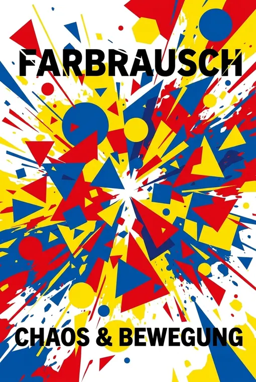 Ein dynamischer Farbrausch aus geometrischen Formen in Primärfarben, der ein Gefühl von Bewegung und spielerischem Chaos vermittelt.