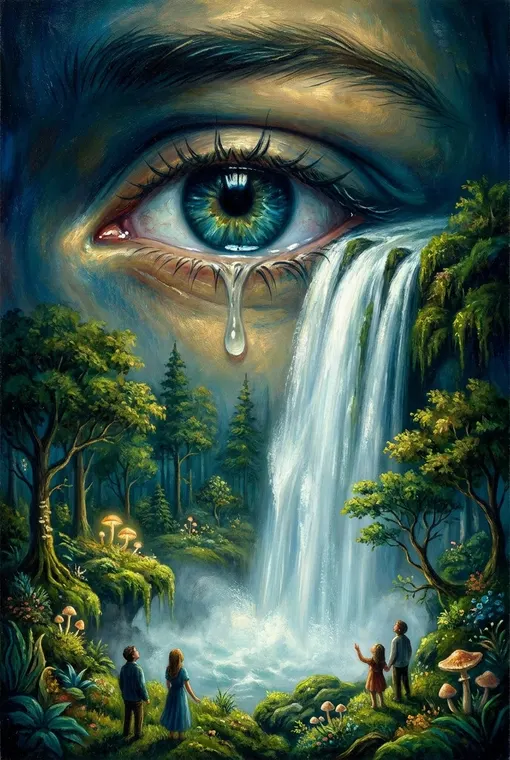 Ein einziges, riesiges Auge, das einen Wasserfall in einen üppigen, winzigen Wald weint, was Staunen und einen Hauch melancholischer Introspektion weckt.