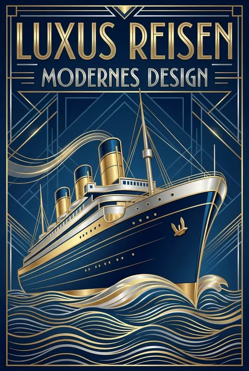 Ein eleganter, stromlinienförmiger Ozeandampfer, der stilisierte Wellen durchschneidet, dargestellt mit Gold- und Silberakzenten auf tiefem Blau, symbolisiert luxuriöses Reisen und modernes Design.