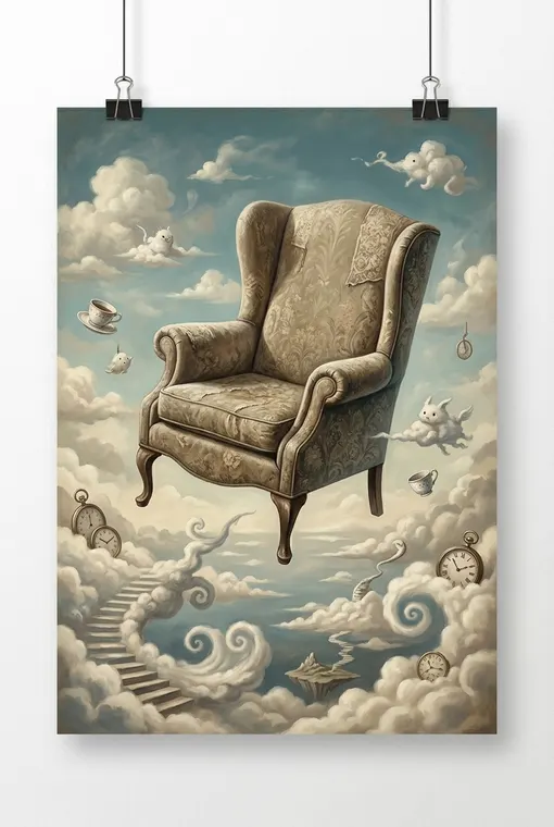 Ein skurriles, surreales Poster, das einen perfekt dargestellten, gewöhnlichen Sessel zeigt, der friedlich mitten in einem weiten, bewölkten Himmel schwebt und der Schwerkraft mit stiller Eleganz trotzt.