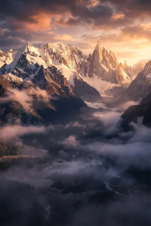 Ein majestätisches Landschaftsposter, das eine atemberaubende Panoramalandschaft mit hohen, schneebedeckten Gipfeln zeigt, die von einem dramatischen Sonnenaufgang beleuchtet werden und lange Schatten über ein mystisches, nebelverhangenes Tal werfen.