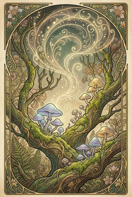 Ein seriöses, zartes botanisches Poster im Stil einer detaillierten Art Nouveau-Illustration, das fantastische, leuchtende Pilzsporen zeigt, die aus moosbewachsenen Ästen in einem mystischen Wald emporsteigen.