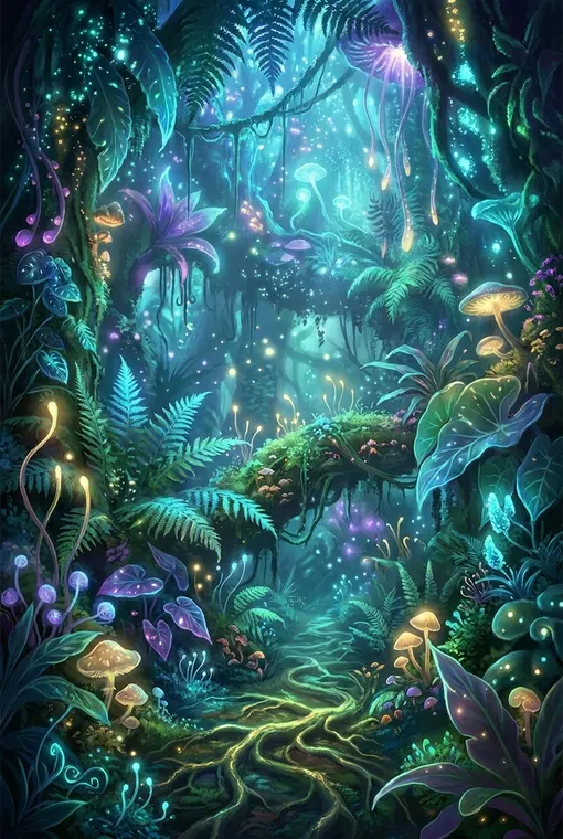 Üppiges, fantastisches biolumineszentes Dschungellaub, das mit einem überirdisch weichen Licht leuchtet und eine Atmosphäre geheimnisvoller Verzauberung hervorruft.