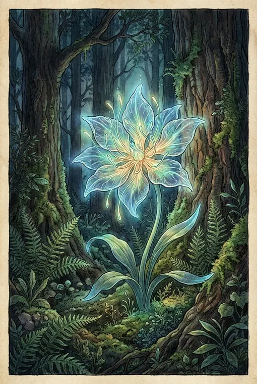 Ein ruhiges, botanisches Poster mit einer detaillierten Illustration einer seltenen, leuchtenden, biolumineszenten Waldblume in der Dämmerung, die eine ätherische Stille ausstrahlt.
