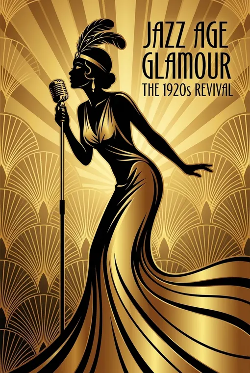 Eine elegante, stilisierte Silhouette einer Jazzsängerin vor einem Hintergrund aus goldenen Fächermustern und Sonnenstrahlen, die die glamouröse Energie und Raffinesse der 1920er Jahre einfängt.