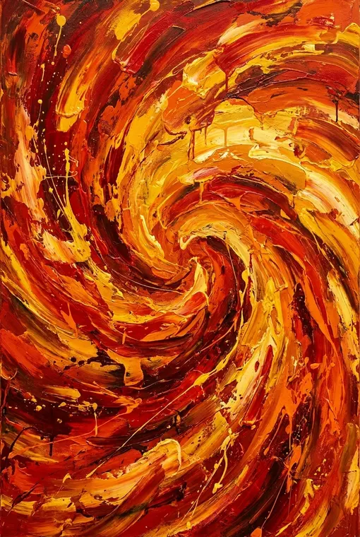 Dynamische Pinselstriche von warmen Rot-, Orange- und Gelbtönen, die zu einem feurigen Wirbel zusammenlaufen und leidenschaftliche Energie und intensive Emotionen ausdrücken.