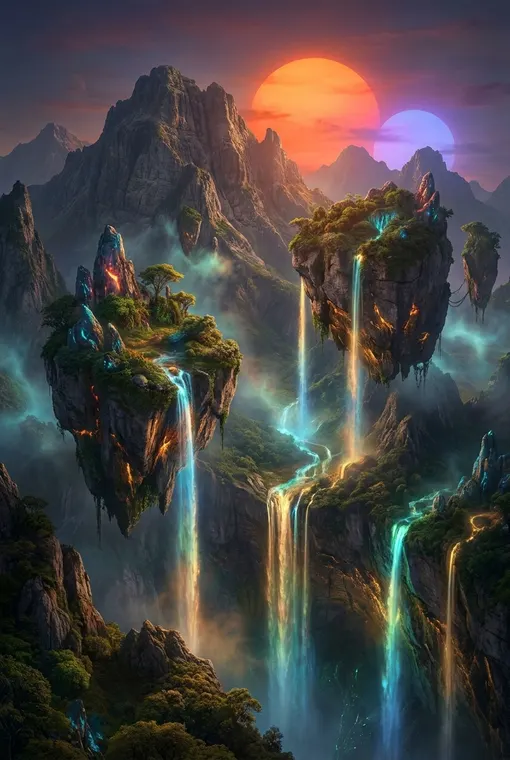 Ein majestätisches, ruhiges und jenseitiges Landschaftsposter im hyperrealistischen Stil mit subtilen Fantasy-Elementen, das eine weitläufige Gebirgslandschaft mit schwebenden Inseln, verbunden durch leuchtende Wasserfälle, unter einem doppelten Sonnenuntergang darstellt.