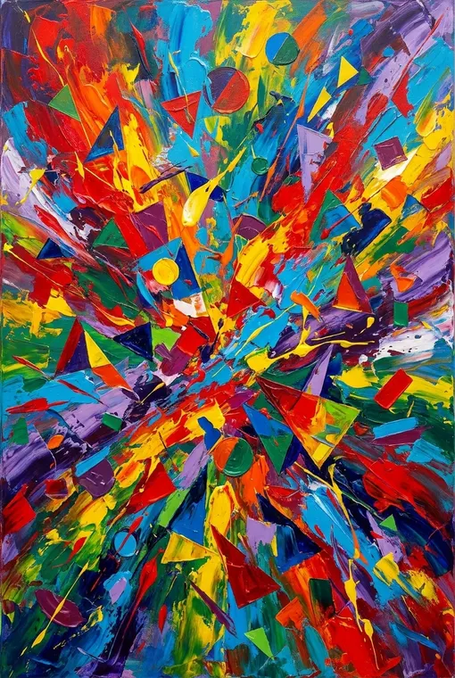 Ein dynamischer Ausbruch lebendiger Farben, der abstrakte Pinselstriche und geometrische Formen zu einem Gefühl von energetischem Chaos und Freiheit verbindet. Der Stil ist expressionistisch abstrakt, betont Bewegung und emotionale Wirkung.