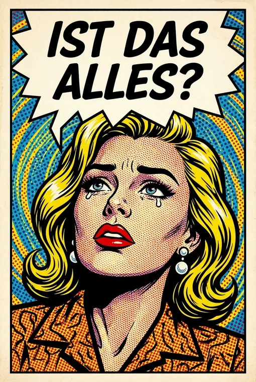 Ein retro-Pop-Art-Poster im Stil von Roy Lichtenstein, das eine Nahaufnahme eine