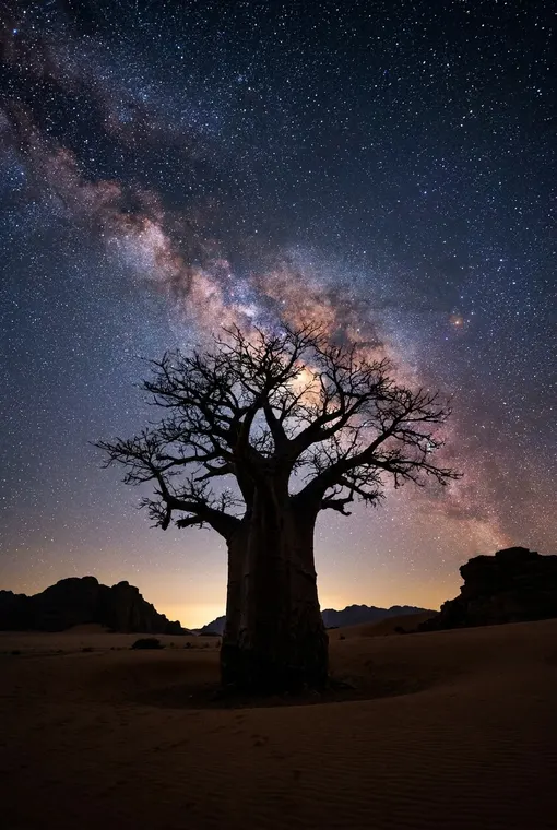 Eine weite, ruhige Wüstenlandschaft unter einem atemberaubenden Sternenhimmel, mit einem einsamen, uralten Affenbrotbaum als Silhouette, der unendliche Ruhe und Ehrfurcht hervorruft.