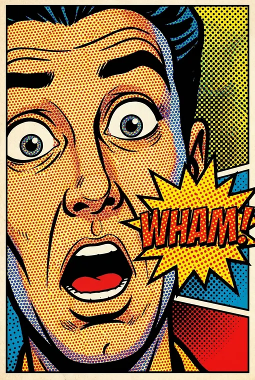 Ein verspieltes Pop-Art-Poster mit einer stark stilisierten, übertriebenen Nahaufnahme eines überraschten Comic-Charaktergesichts, komplett mit Rasterpunkten und einer lebendigen "WHAM!"-Sprechblase.