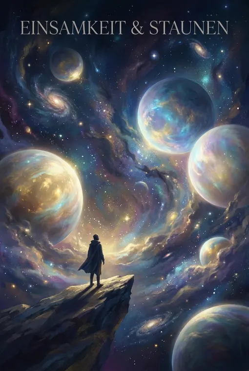 Eine einsame Figur blickt in einen weiten kosmischen Ozean, wo Planeten riesige, leuchtende Perlen sind, was tiefe Einsamkeit und unendliches Staunen hervorruft.