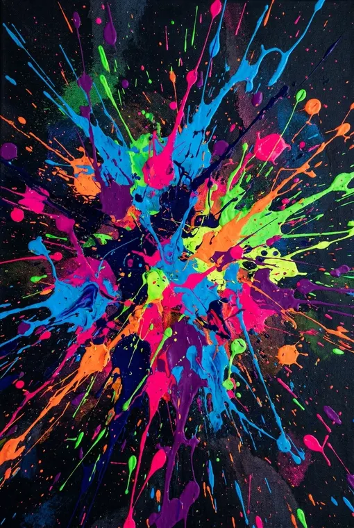 Ein intensives, abstraktes Poster aus explosiven Farbspritzern und energischen F