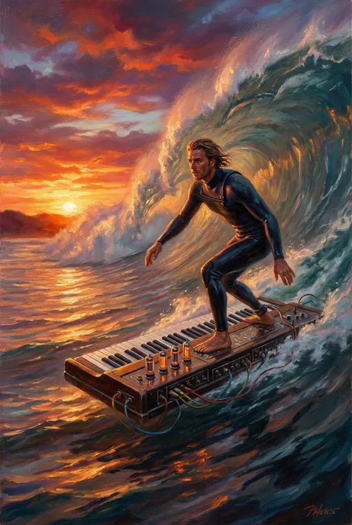 Ein ölgemälde eines surfers, der auf einem elektrischen piano ski fährt im sonnenuntergang