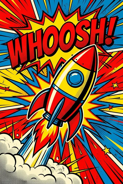 Eine kühne, grafische Darstellung einer Retro-Rakete, die mit Comic-ähnlichem "WHOOSH!" abhebt, in lebhaften Primärfarben und starken Umrissen für energetische Aufregung.