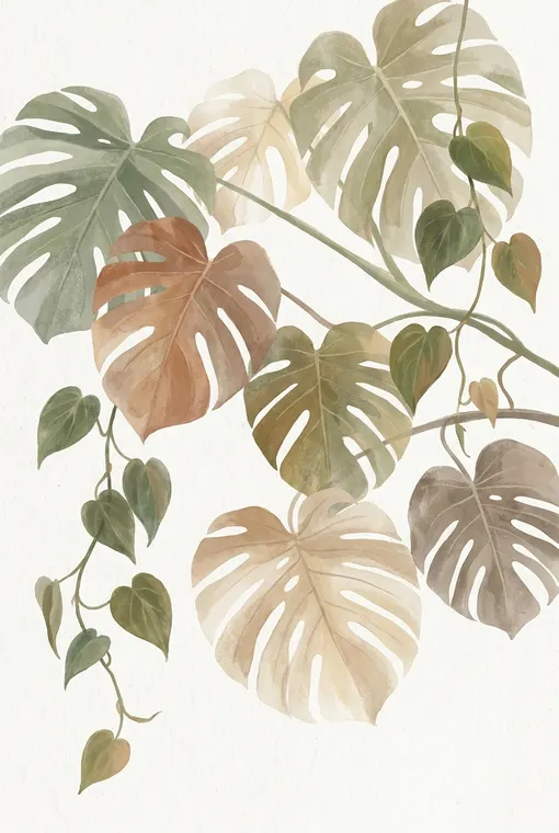 Eine ruhige Komposition aus zarten, übergroßen Monstera-Blättern und herabhängenden Philodendren, wiedergegeben in sanften, erdigen Tönen mit minimalistischer Ästhetik. Die Stimmung ist friedlich und organisch, die natürliche Schönheit hervorhebend.