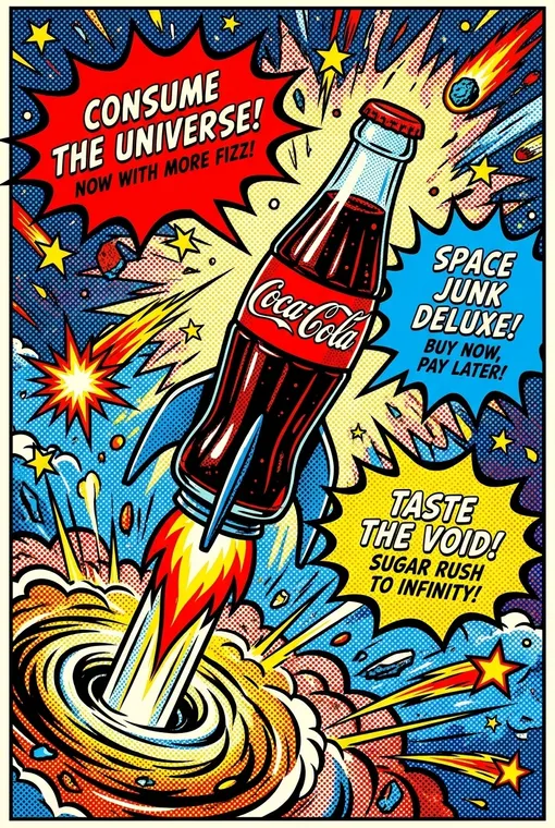 Ein kühnes, verspieltes und konsumkritisches Pop-Art-Poster im Comic-Stil, das eine überdimensionale Cola-Flasche als Rakete zeigt, die ins All startet, umgeben von explodierenden Sternen und Sprechblasen mit ironischen Slogans in leuchtendem Rot, Blau und Gelb.